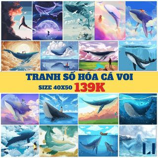 Tranh tô màu theo số có khung cá voi, cá heo size 40x50 - Tranh số hóa đại dương, biển cả LIM Art