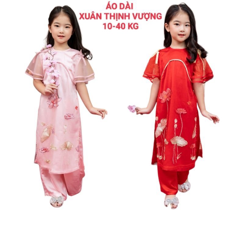 Áo Dài Tết XUÂN THỊNH VƯỢNG 4 TÀ chất voan tơ phối phi lụa haivanco cho bé từ 10 đến 40 kg mềm mại và thoáng mát