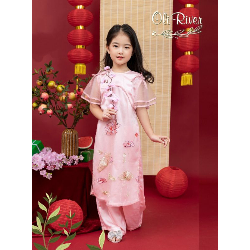 Áo Dài Tết XUÂN THỊNH VƯỢNG 4 TÀ chất voan tơ phối phi lụa haivanco cho bé từ 10 đến 40 kg mềm mại và thoáng mát