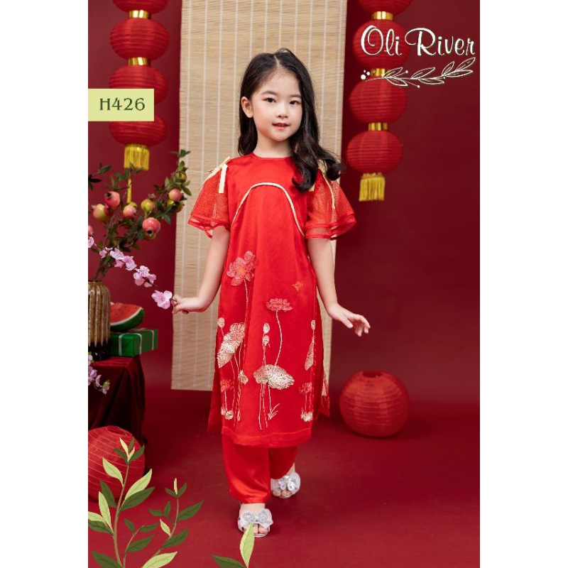 Áo Dài Tết XUÂN THỊNH VƯỢNG 4 TÀ chất voan tơ phối phi lụa haivanco cho bé từ 10 đến 40 kg mềm mại và thoáng mát