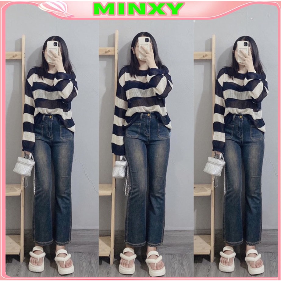 Quần jean ống đứng suông màu xanh cho nữ,chất bò co giãn hack dáng-Minxy shop