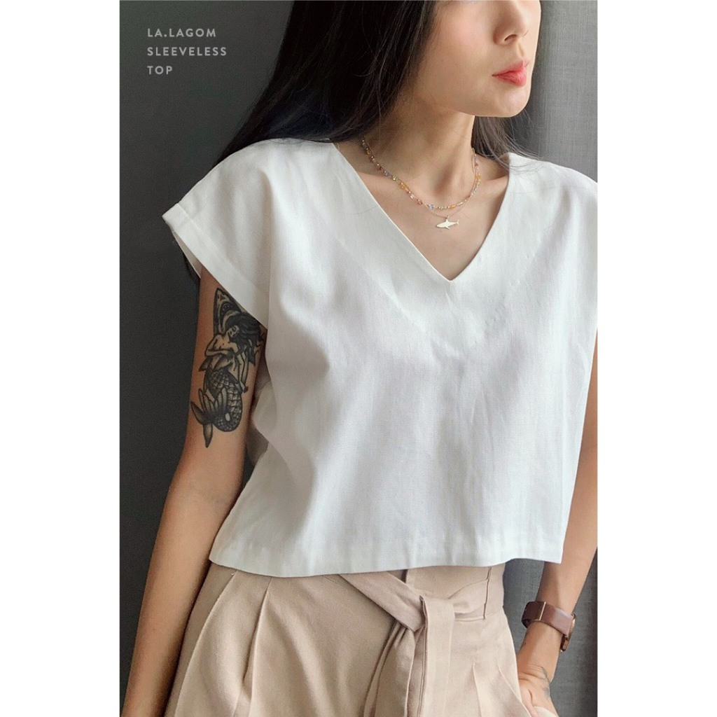 Áo cổ tim trắng- Áo linen-Áo basic