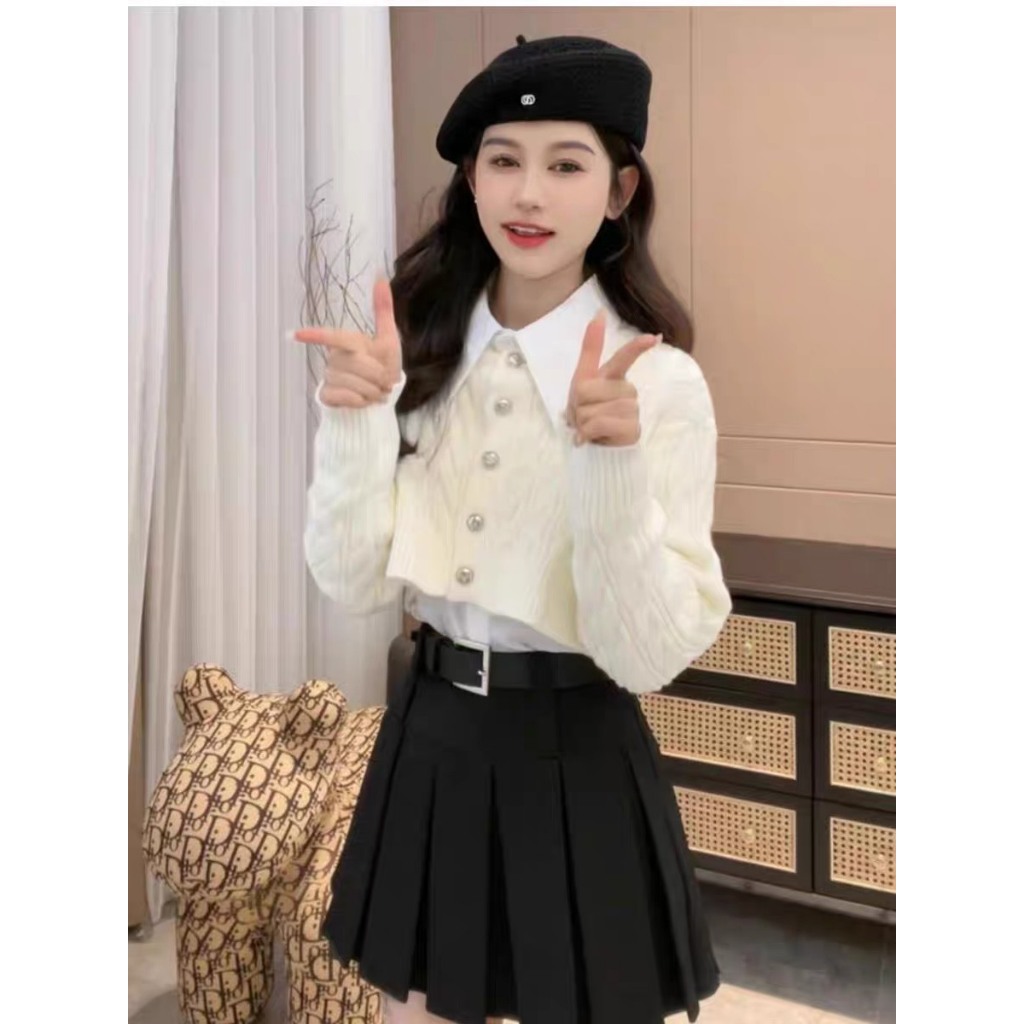 Áo len cài cúc dáng ngắn phối cổ sơ mi phong cách Vintage Hàn Quốc