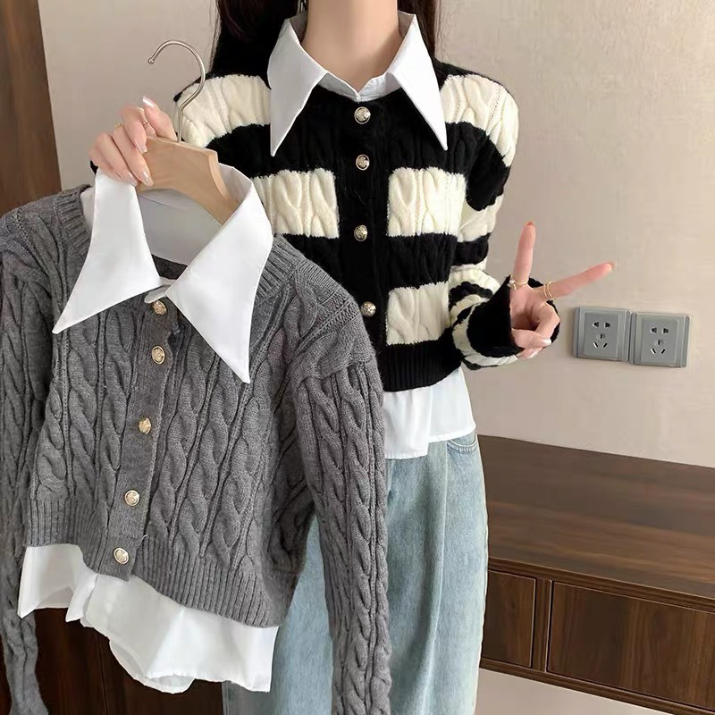 Áo len cài cúc dáng ngắn phối cổ sơ mi phong cách Vintage Hàn Quốc