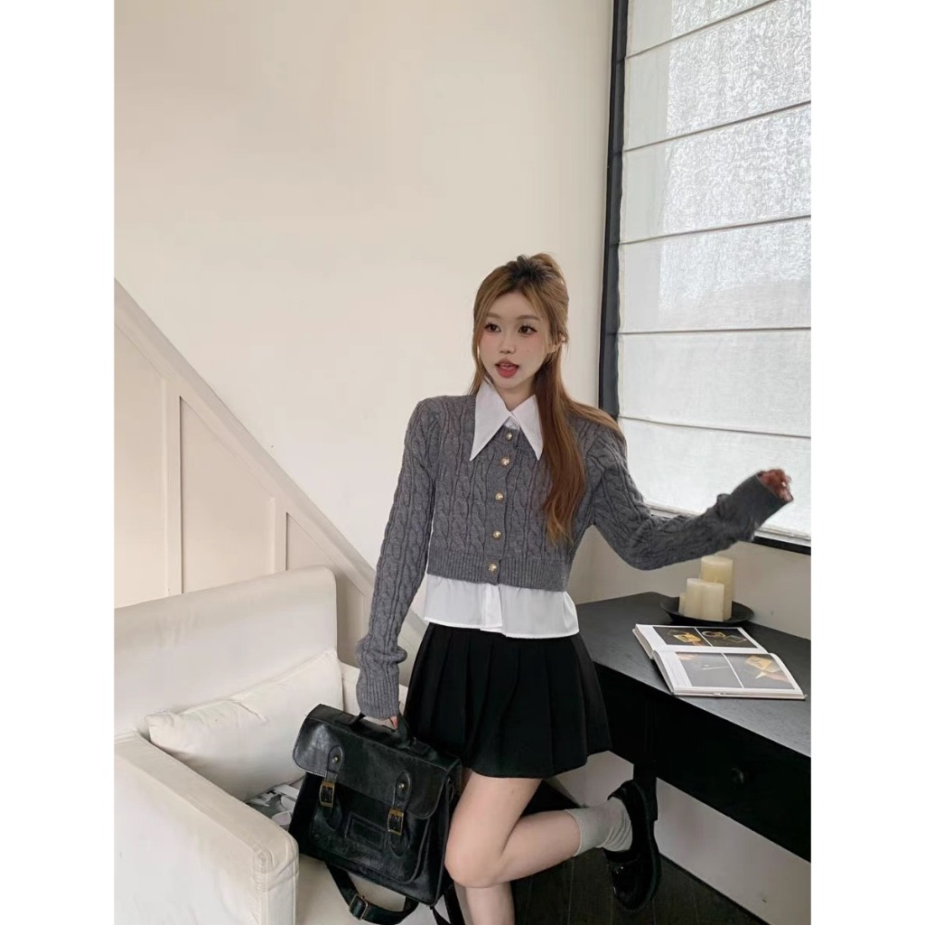 Áo len cài cúc dáng ngắn phối cổ sơ mi phong cách Vintage Hàn Quốc