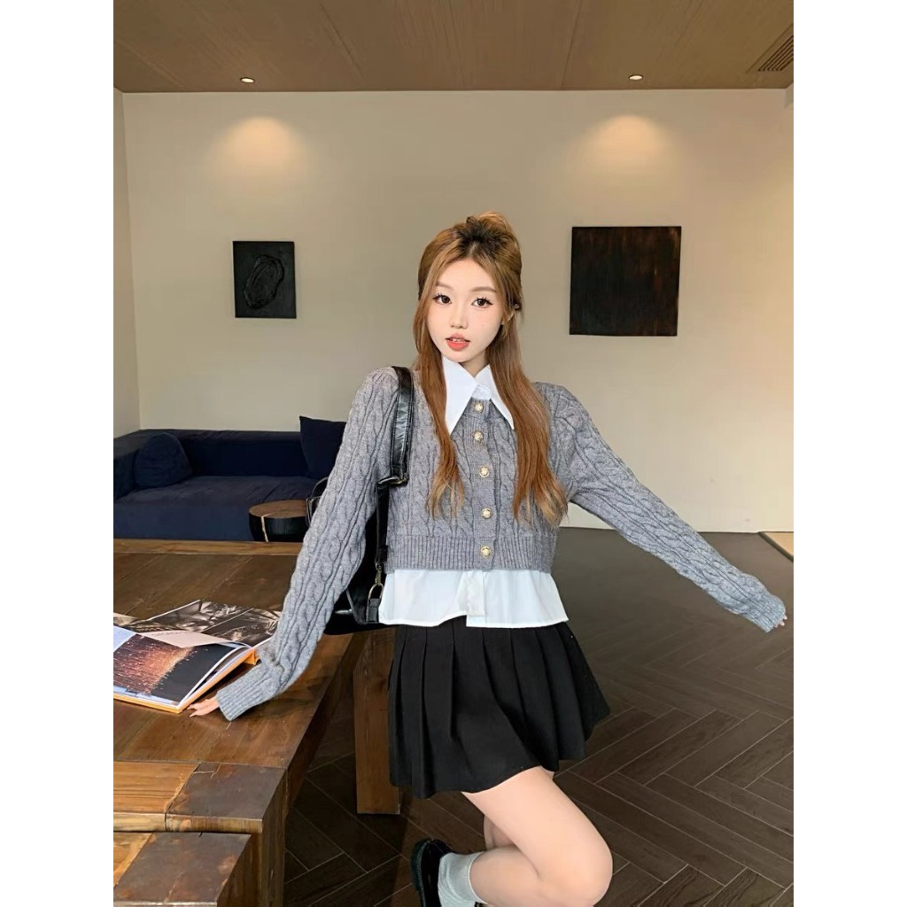 Áo len cài cúc dáng ngắn phối cổ sơ mi phong cách Vintage Hàn Quốc