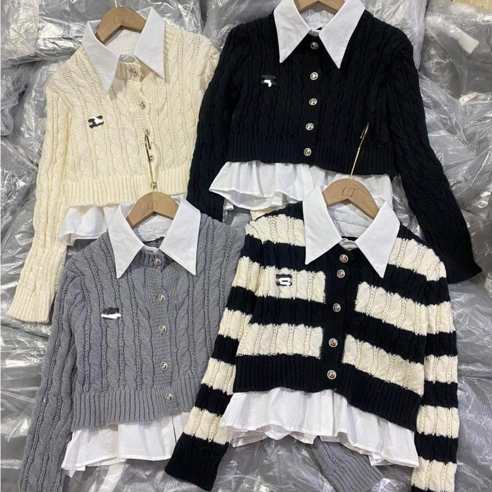 Áo len cài cúc dáng ngắn phối cổ sơ mi phong cách Vintage Hàn Quốc