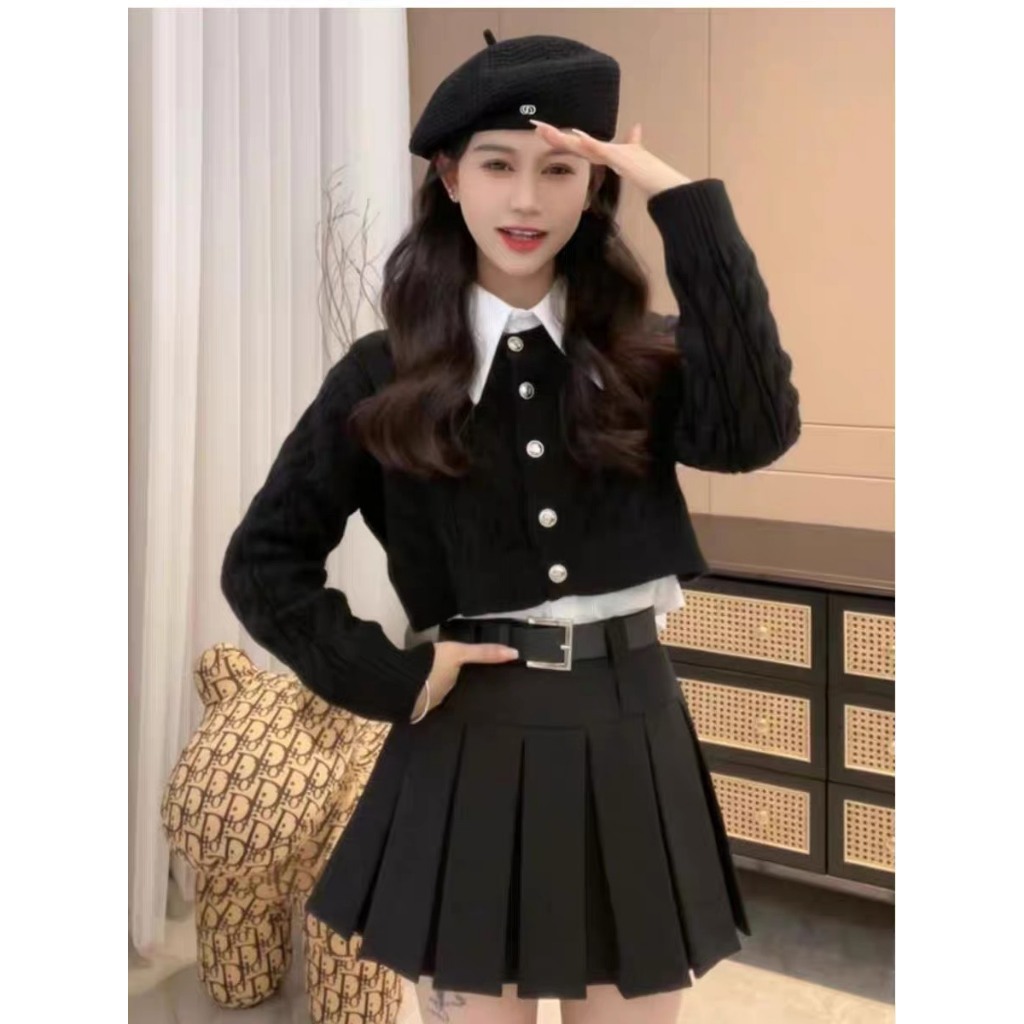 Áo len cài cúc dáng ngắn phối cổ sơ mi phong cách Vintage Hàn Quốc