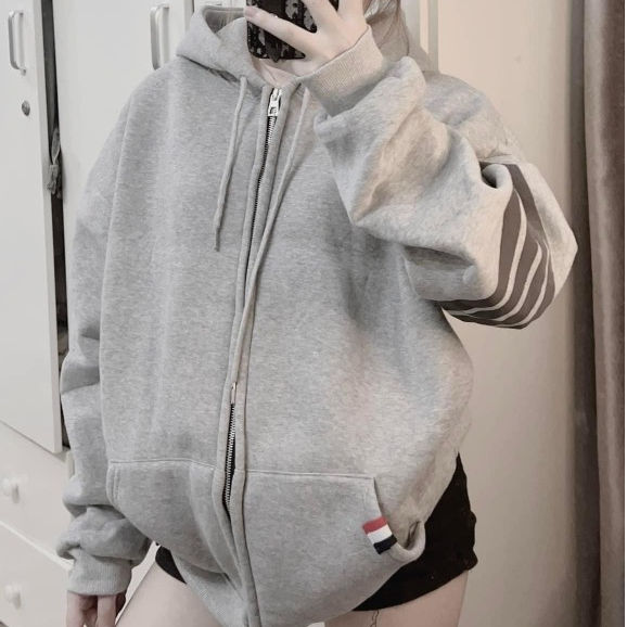 Áo Khoác Hoodie THOM 2 Lớp Khóa Kéo Dáng Rộng Nam Nữ , Áo Khoác THOM Nỉ Túi Thom 4 Vạch Ngang Tay M61