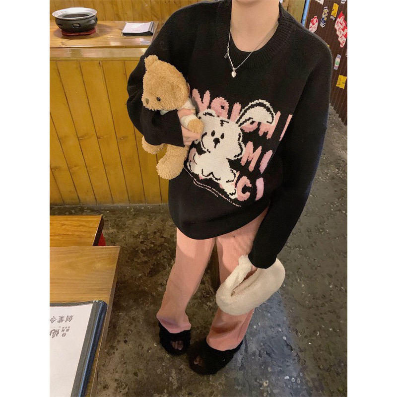 Sét Bộ đồ nữ áo sweater from rộng mix quần suông nhung tăm phong cách Ulzzang , Sét bộ Nỉ Thỏ mix quần nhung Tăm M63