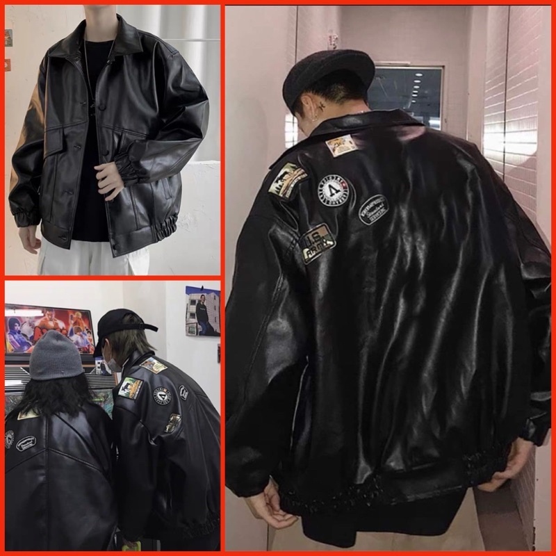 Áo Khoác Da thêu sticker form rộng unisex , Áo Khoác Da Nam Nữ Dáng Biker Unisex cúc bấm dáng rộng phong cách M64