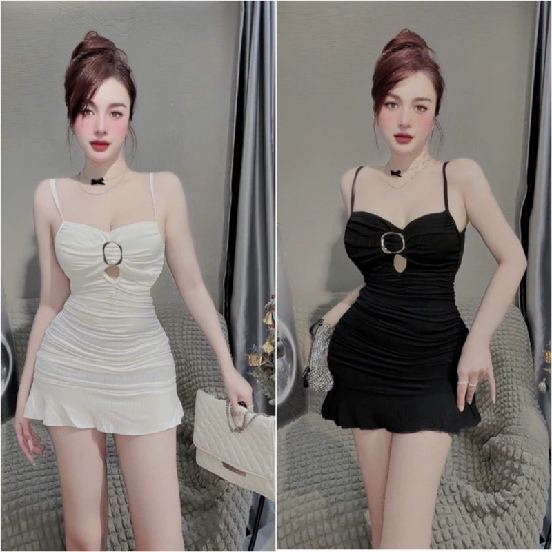 Đầm Body Hai Dây Khoét Ngực Nhún Hông Chân Bèo