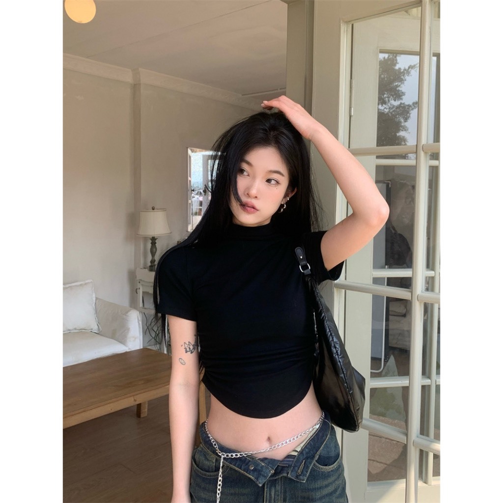 Áo Croptop Nữ tay ngắn cổ lọ nhún eo Vạt Bầu Ôm Body, Áo Thun Croptop Kiểu Sexy 3A18