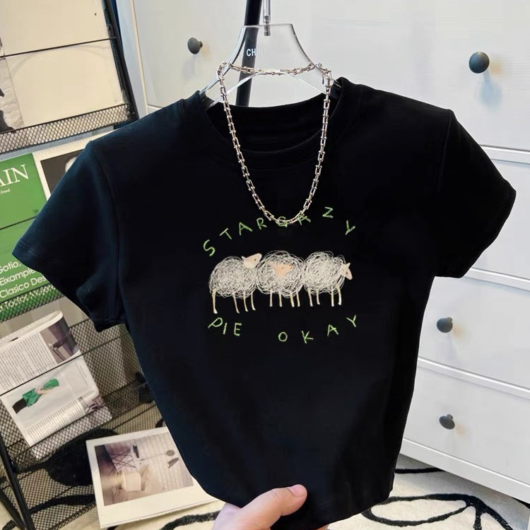 Áo croptop tay ngắn in hình 3 chú cừu H1, áo thun kiểu trendy