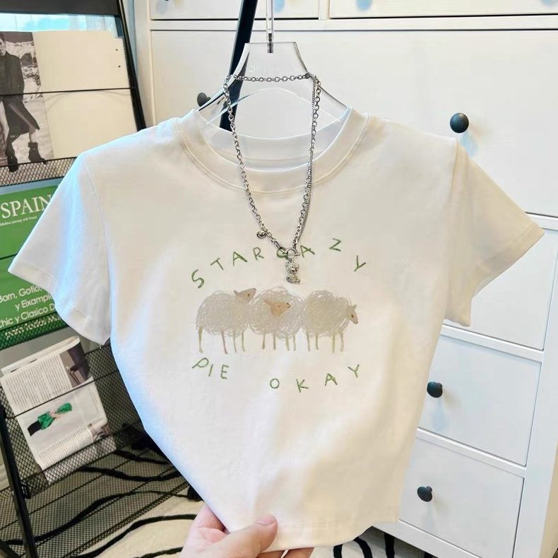 Áo croptop tay ngắn in hình 3 chú cừu H1, áo thun kiểu trendy