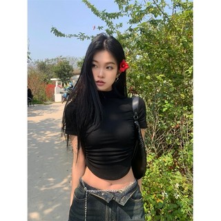 Áo Croptop Nữ tay ngắn cổ lọ nhún eo Vạt Bầu Ôm Body, Áo Thun Croptop Kiểu Sexy 3A18