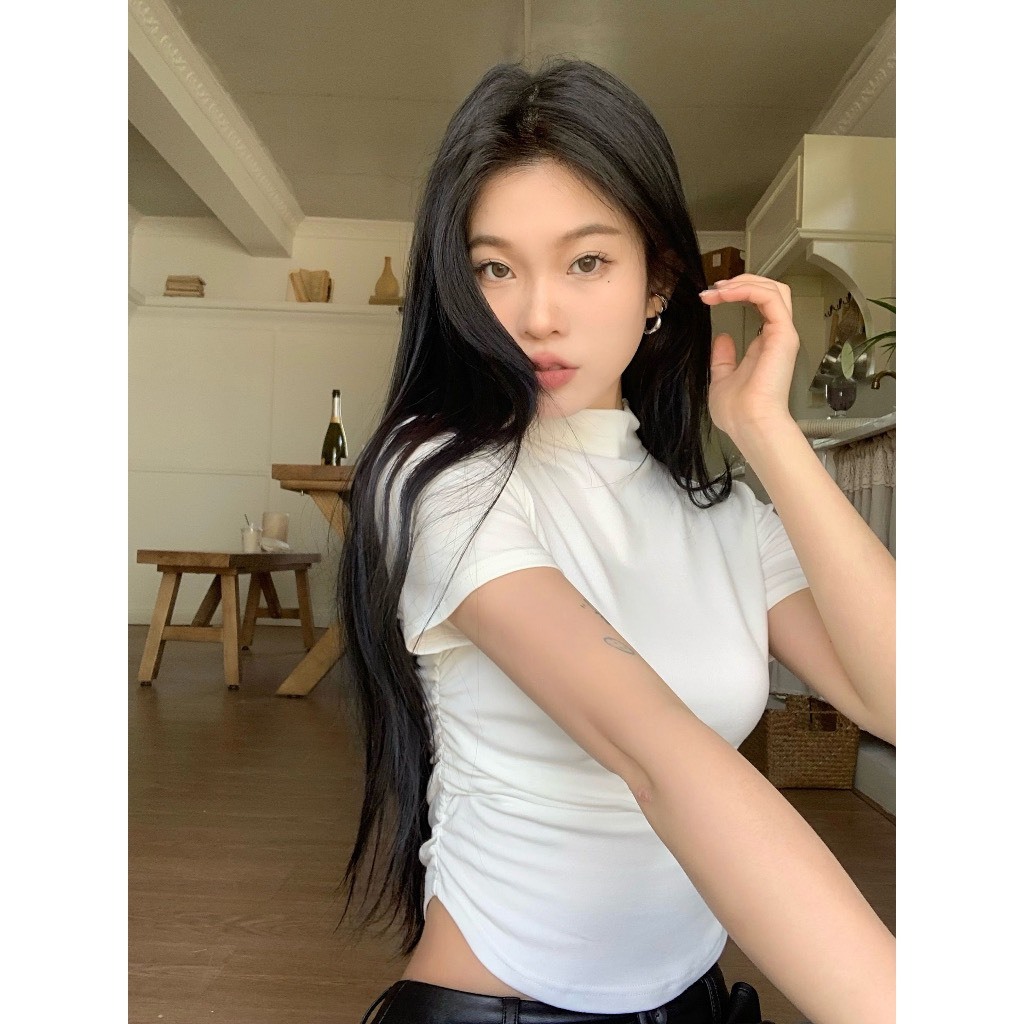 Áo Croptop Nữ tay ngắn cổ lọ nhún eo Vạt Bầu Ôm Body, Áo Thun Croptop Kiểu Sexy 3A18