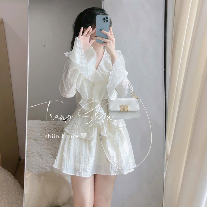 Set áo tay loe bèo ngực + chân váy xòe