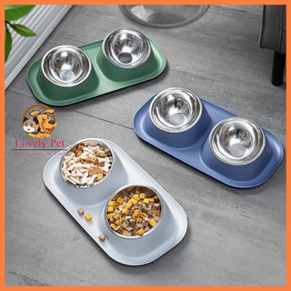 Bát ăn cho mèo đôi bát ăn cho chó hai ngăn 2 bát inox tháo rời chống kiến nghiêng chống gù 40x23cm