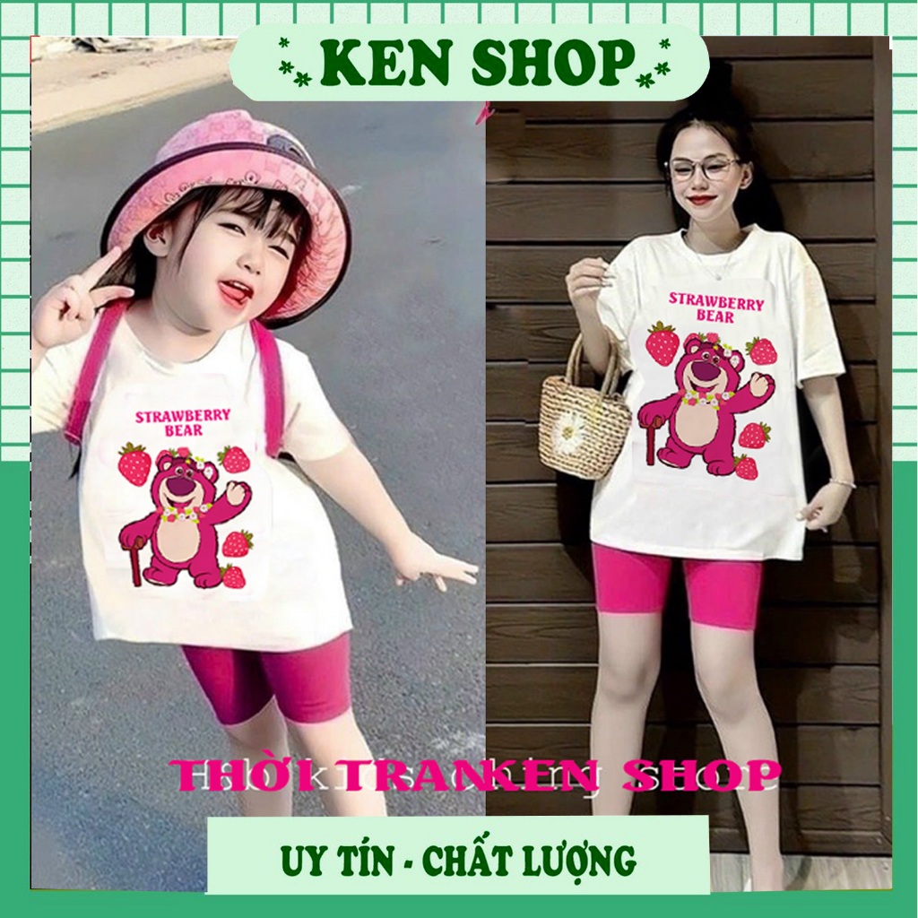 Áo thun mẹ bé dạo phố in hình gấu dâu full size 10 - 100kg