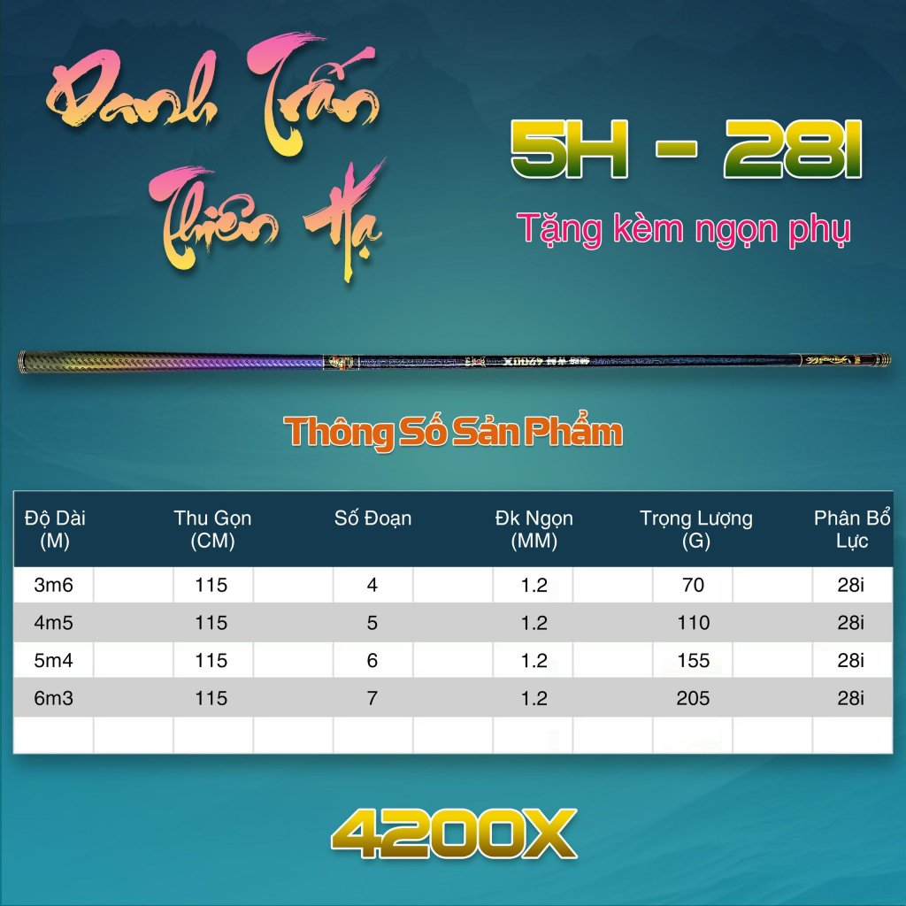 Cần câu tay Danh Chấn Thiên Hạ 5H - 28i, cần câu đơn câu đài danh chấn 5H, tặng kèm ngọn