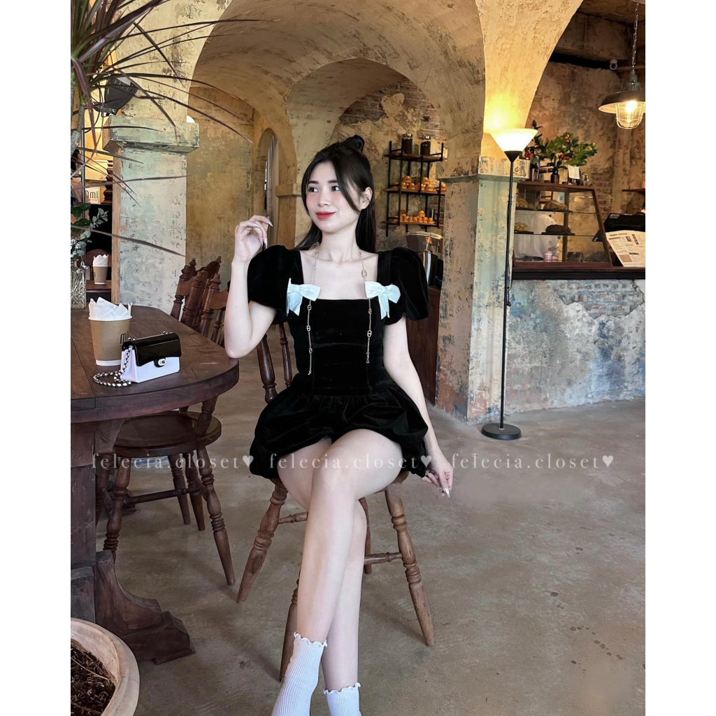 Set váy nhung nơ 2 bên