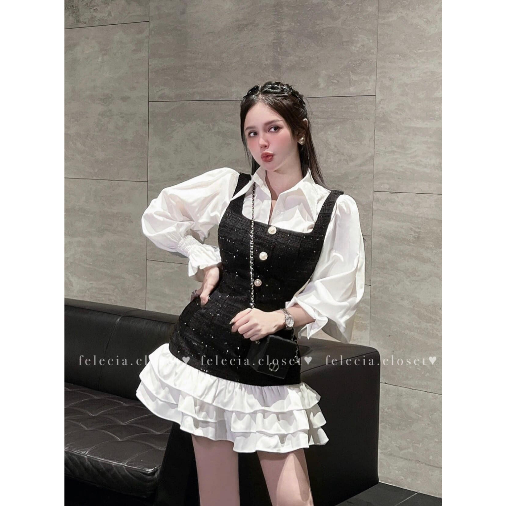 Váy sơ mi đuôi bèo tầng phối gile dạ tweed