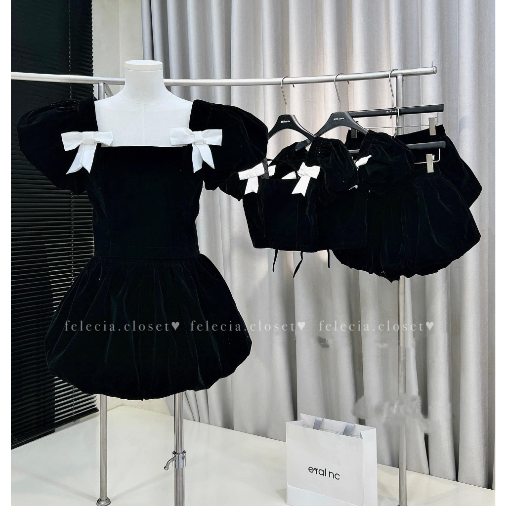 Set váy nhung nơ 2 bên