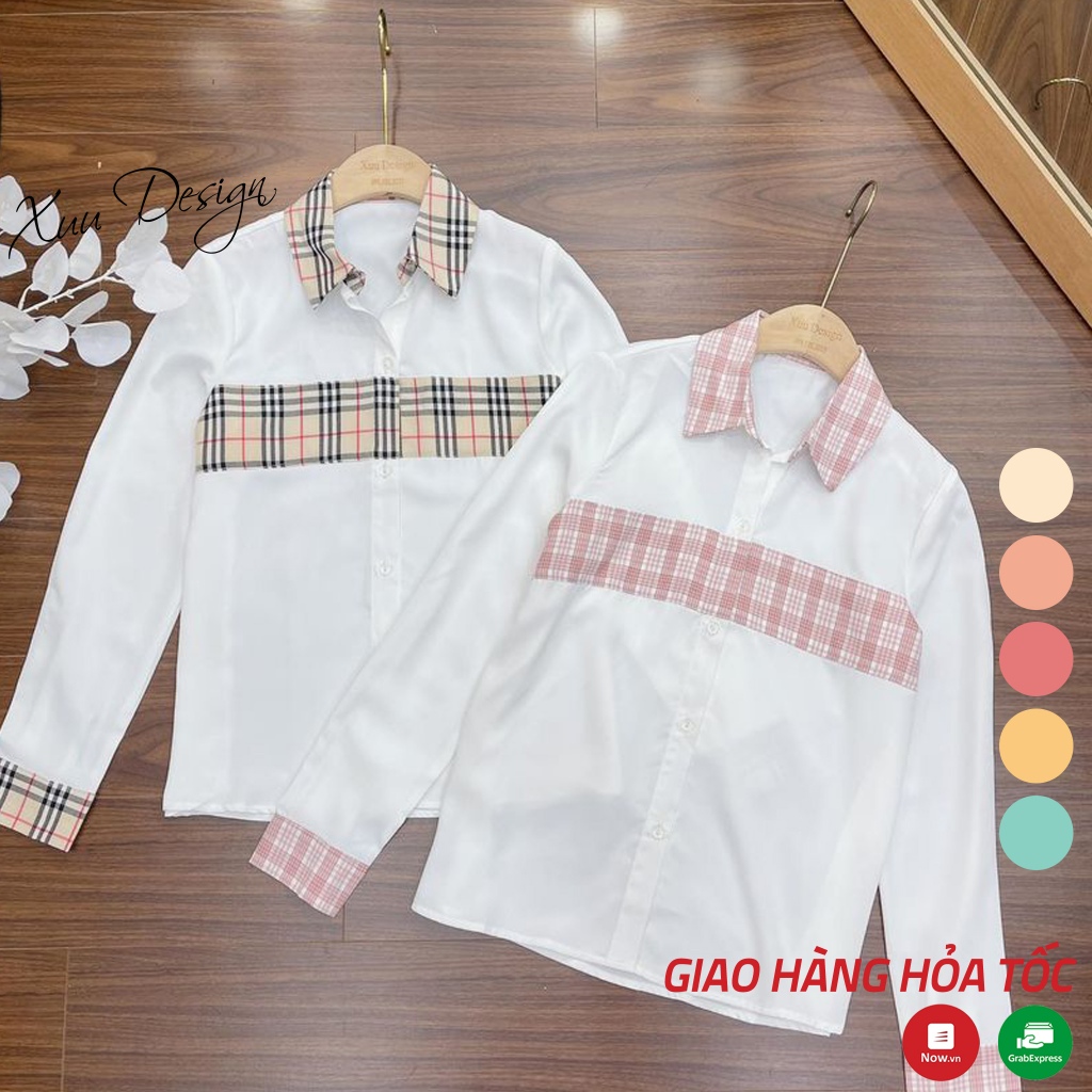Áo sơ mi nữ XUU cổ đức chất liệu tơ ý mềm mát, tay dài phối kẻ ô trẻ trung - SP34