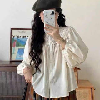 A208 Áo kiểu nữ cổ tròn viền ren, áo somi vintage dáng babydoll Xưởng May Hạnh Hồng