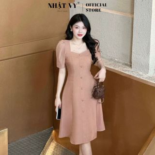 Đầm cổ vuông Nhật Vy tay phồng đính nút bọc chất lụa phù hợp công sở đi chơi cafe - D2858