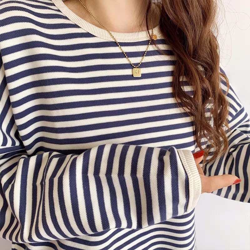 Áo thun sweater tay dài cổ tròn họa tiết kẻ sọc thời trang cho nữ thu đông MA140