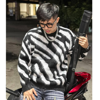 Áo Len Sọc Vằn Vân Báo, Áo Sweater Dệt Kim Oversize Unisex Cổ Tròn Tay Dài Chất Lông Mềm Dành Cho Anh Em Boy Phố Đi Chơi