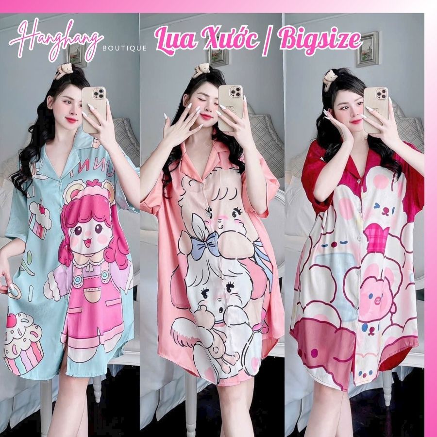 Đầm váy ngủ sơ mi lụa xước dễ thương dáng rộng bigsize 50-75kg, váy ngủ lụa cute đầm bầu mặc nhà xinh giá rẻ