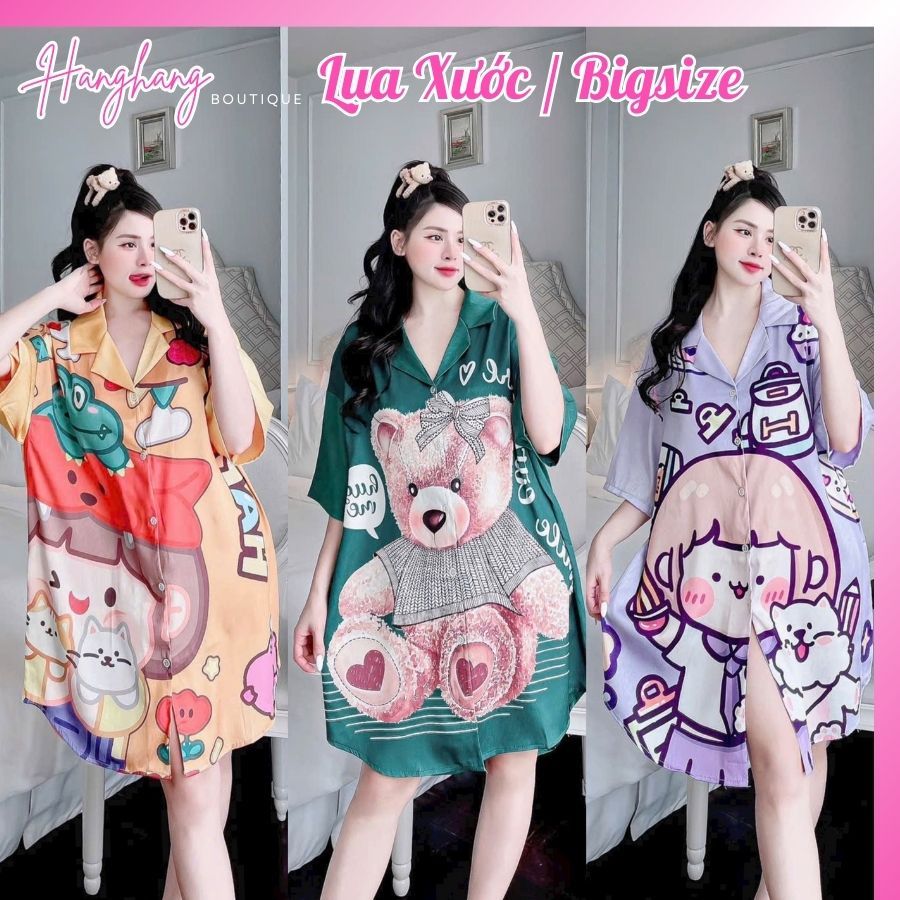 Đầm váy ngủ sơ mi lụa xước dễ thương dáng rộng bigsize 50-75kg, váy ngủ lụa cute đầm bầu mặc nhà xinh giá rẻ