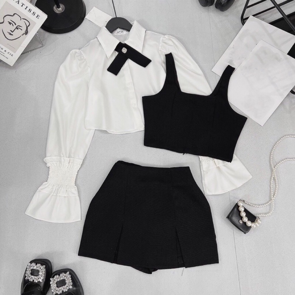 Set đồ nữ đi chơi S.166, Set đồ nữ 4 món áo sơ mi nơ cổ tay  bo chun kèm áo gile và chân váy - Shop Chấm Bi