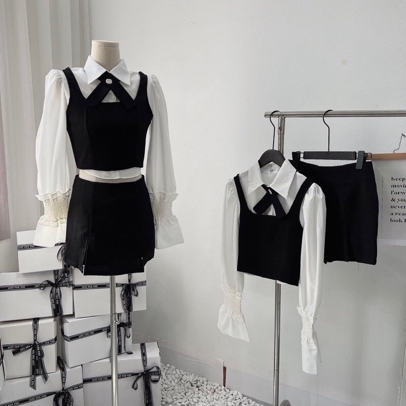 Set đồ nữ đi chơi S.166, Set đồ nữ 4 món áo sơ mi nơ cổ tay  bo chun kèm áo gile và chân váy - Shop Chấm Bi