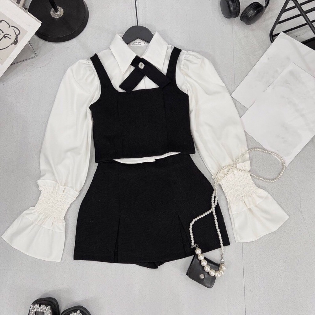 Set đồ nữ đi chơi S.166, Set đồ nữ 4 món áo sơ mi nơ cổ tay  bo chun kèm áo gile và chân váy - Shop Chấm Bi