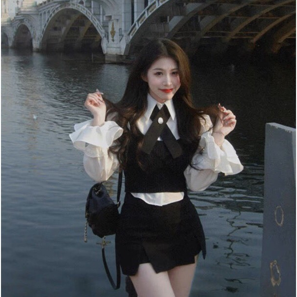 Set đồ nữ đi chơi S.166, Set đồ nữ 4 món áo sơ mi nơ cổ tay  bo chun kèm áo gile và chân váy - Shop Chấm Bi