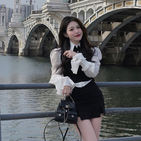 Set đồ nữ đi chơi S.166, Set đồ nữ 4 món áo sơ mi nơ cổ tay  bo chun kèm áo gile và chân váy - Shop Chấm Bi