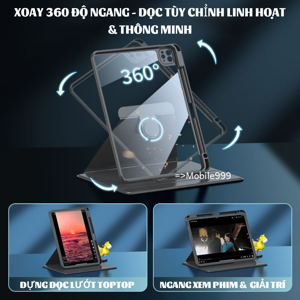 Bao da ipad xoay 360° Ngang dọc có khe bút Lưng Acrylic trong suốt Air 1/2/3/4/5/Gen 5/6/7/8/9/10/Pro 11.10.5/MOBILE999