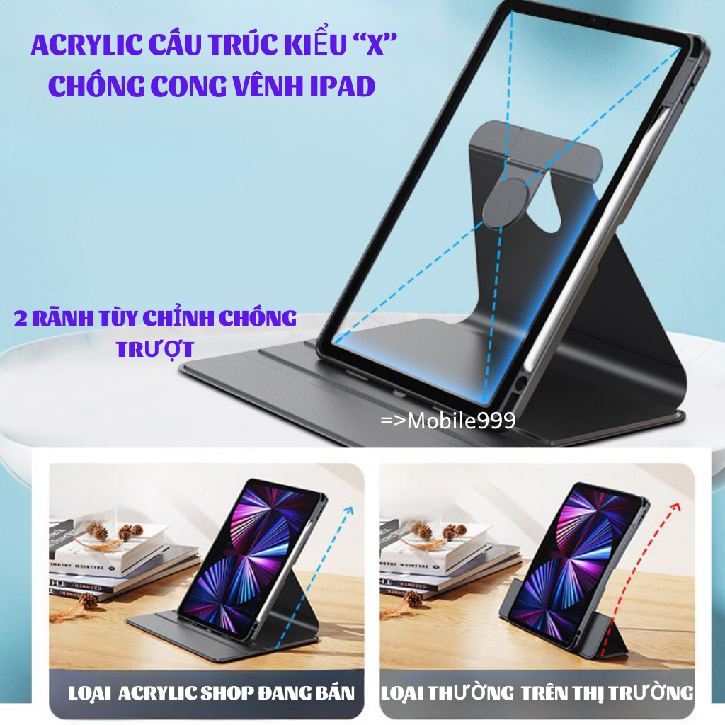 Bao da ipad xoay 360° Ngang dọc có khe bút Lưng Acrylic trong suốt Air 1/2/3/4/5/Gen 5/6/7/8/9/10/Pro 11.10.5/MOBILE999