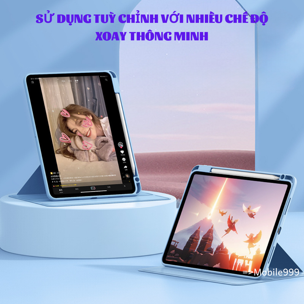 Bao da ipad xoay 360° Ngang dọc có khe bút Lưng Acrylic trong suốt Air 1/2/3/4/5/Gen 5/6/7/8/9/10/Pro 11.10.5/MOBILE999