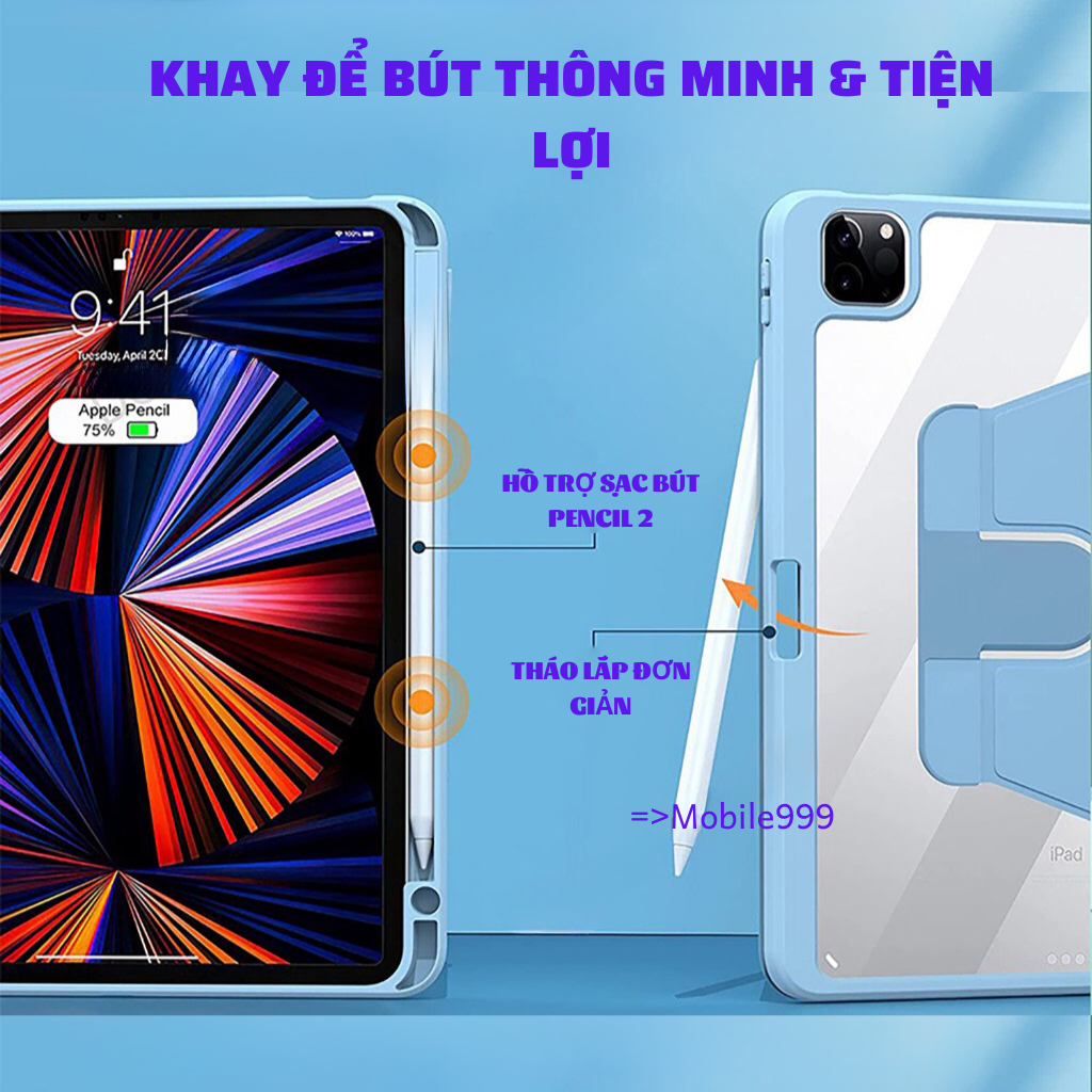 Bao da ipad xoay 360° Ngang dọc có khe bút Lưng Acrylic trong suốt Air 1/2/3/4/5/Gen 5/6/7/8/9/10/Pro 11.10.5/MOBILE999