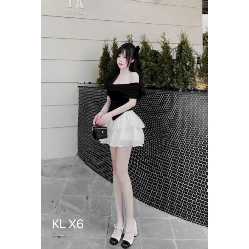 Set Áo Trễ Vai Xẻ Vạt Nhọn Phía Trước Phối Nút Và Chân Váy Xòe Bèo Tầng - Ngắn Ôm Body Sexy - Tiểu Thư Bánh Bèo Cute