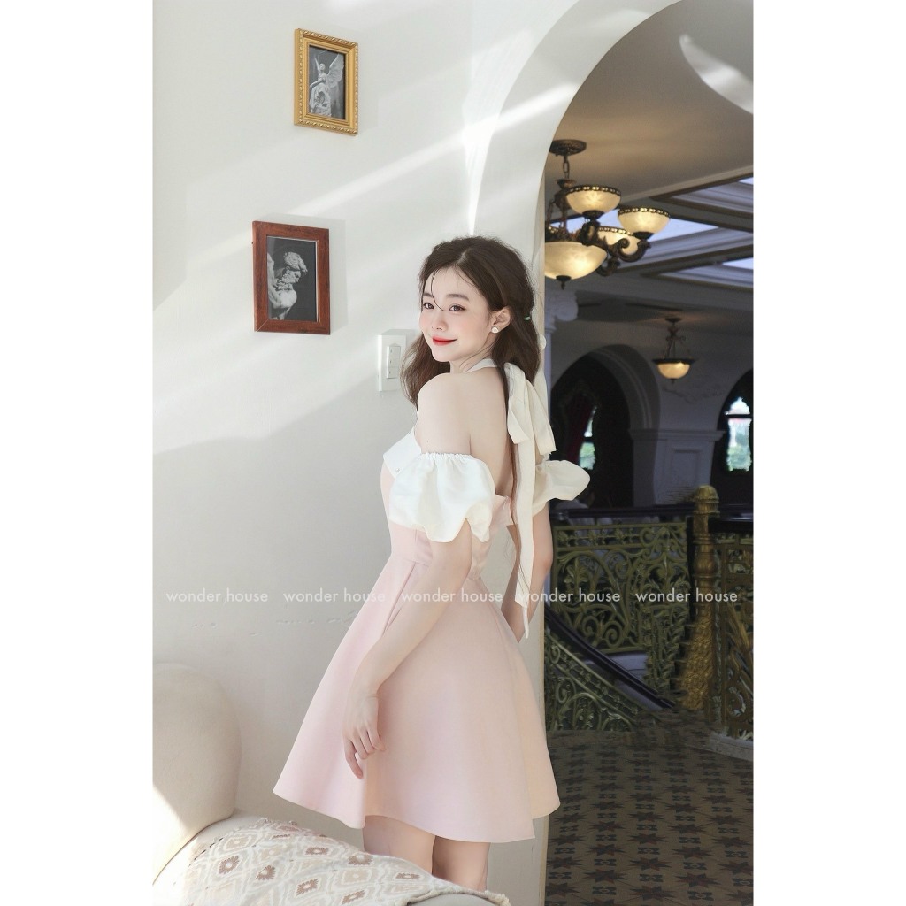 Đầm thiết kế WonderHouse cổ yếm tay bồng đen phối trắng tiểu thư cá tính - IVY DRESS