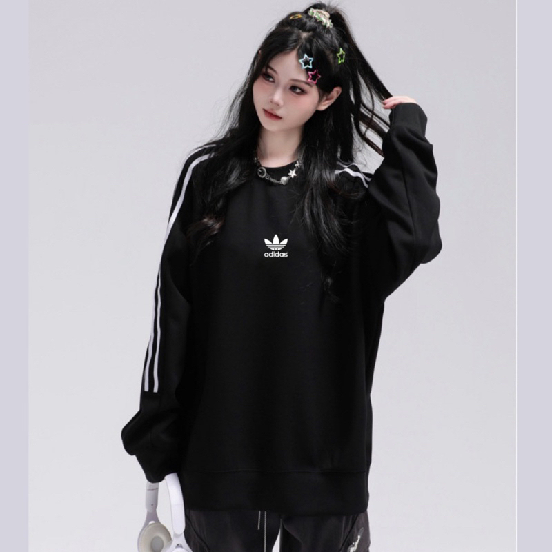 Áo sweater nỉ dài tay cổ tròn nam nữ 3 sọc tay logo đát ngực unisex