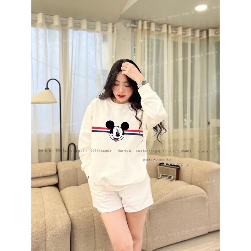áo sweater nỉ cổ tròn in mickey 3 sọc ngang dễ thương