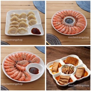 Đĩa liền bát nước chấm gia vị, gốm sứ Giang Tây. Đĩa sứ chia ô đĩa trắng chia ngăn. Dĩa ăn kèm bát con