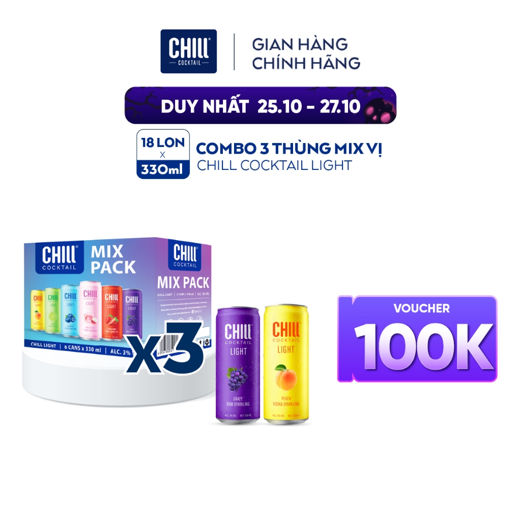 Combo 3 thùng Chill Cocktail Light mix vị ( 330ml x 18 lon)